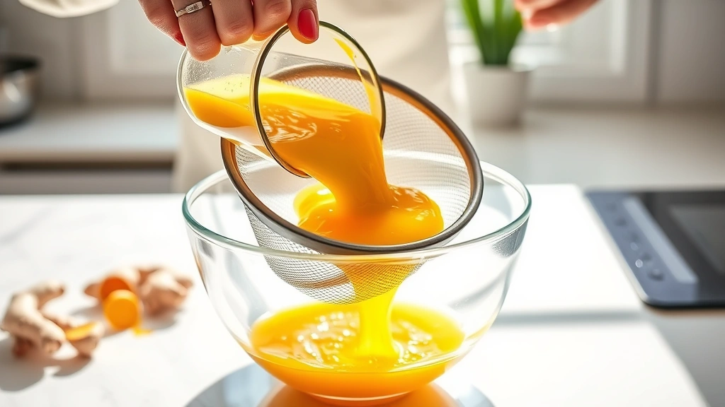 process: hands pouring fresh golden juice through fine mesh strainer into glass bowl, ginger and turmeric pieces visible, bright kitchen counter, natural daylight from window, photorealistic, action shot, no text