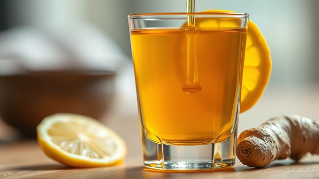 detail: close-up macro shot of immunity shot in crystal shot glass with visible turmeric color and honey swirl, fresh lemon wedge and ginger root beside glass, warm ambient lighting, photorealistic, shallow depth of field, no text