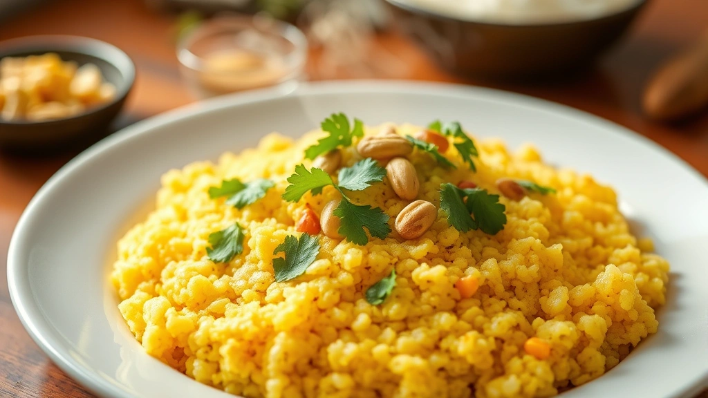 hero: golden upma semolina breakfast dish with garnish of cilantro and peanuts, fluffy texture, steam rising, served on white plate, vibrant morning lighting, professional food photography, warm tones