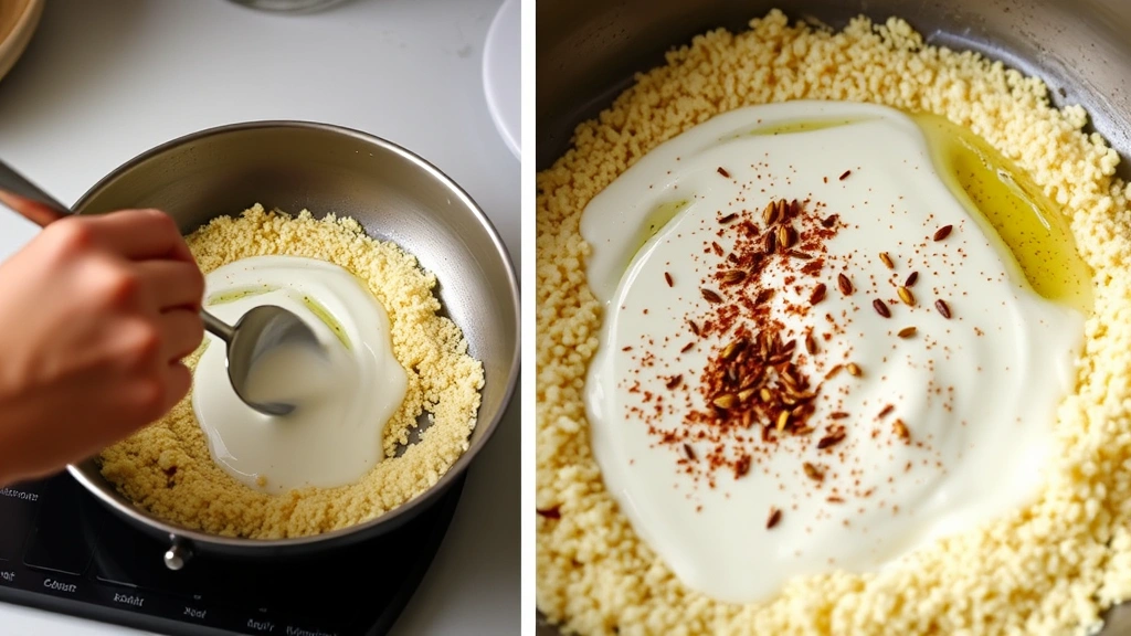 process: hands stirring yogurt mixture into toasted semolina in pan, tempering spices in ghee with mustard seeds popping, close-up of cooking technique, natural kitchen lighting, motion captured