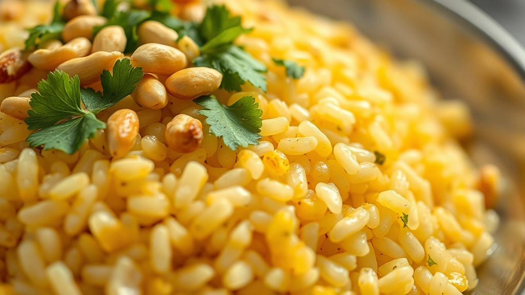 detail: close-up of finished upma showing individual grains coated with ghee, cilantro garnish and crushed peanuts on top, shallow depth of field, warm natural light, texture details visible