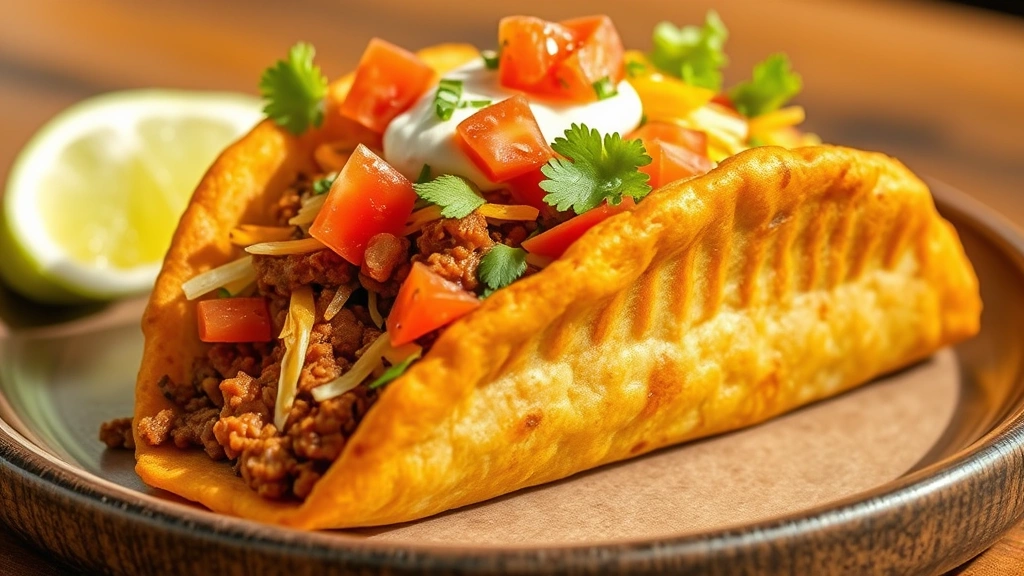 hero: golden crispy Indian fry bread taco topped with seasoned ground beef, shredded cheese, lettuce, tomatoes, sour cream and salsa, photorealistic, bright natural daylight, no text