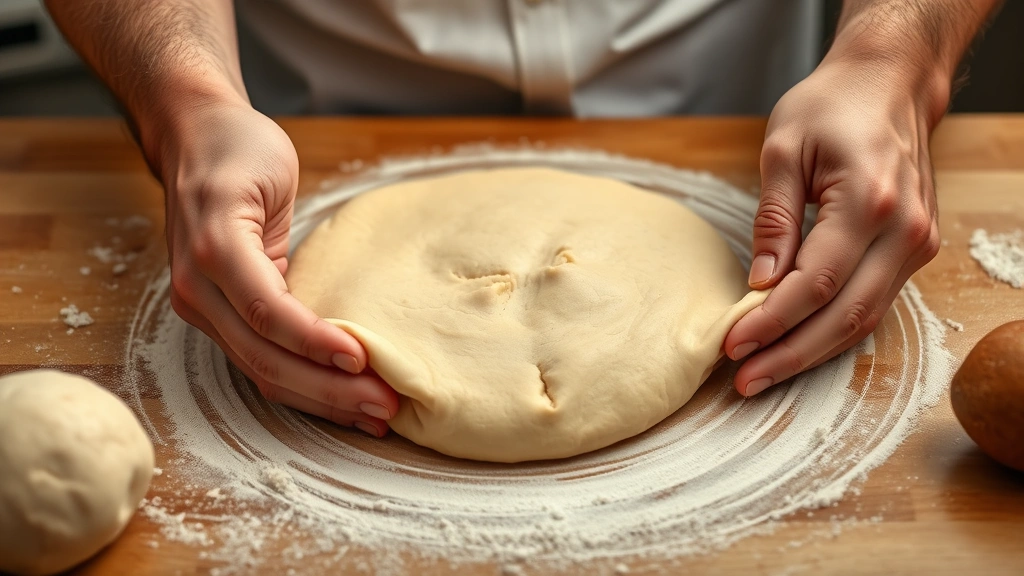 process: hands stretching and flattening dough in center composition, fresh dough ball being shaped, photorealistic, warm kitchen lighting, no text