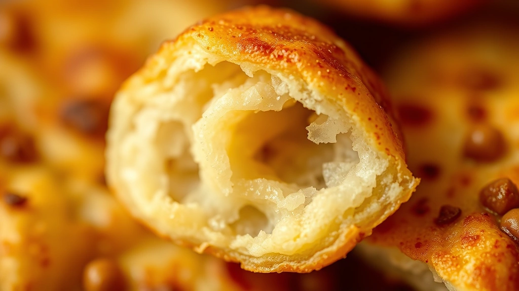 detail: close-up cross-section of fried Indian fry bread showing crispy exterior and fluffy airy interior, photorealistic, shallow depth of field, no text