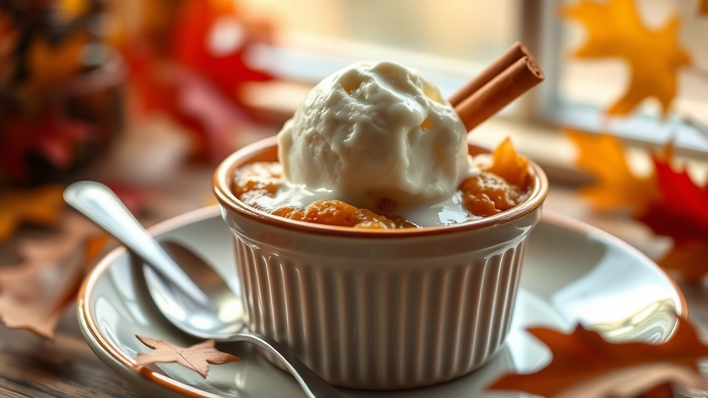 hero: warm Indian pudding in ceramic ramekin with vanilla ice cream melting on top, cinnamon stick garnish, cozy autumn lighting, shallow depth of field, natural window light