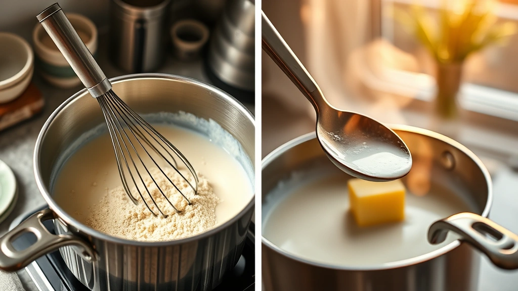 process: whisking cornmeal into steaming milk in stainless steel saucepan, butter melting, golden hour natural light from kitchen window, professional food photography style