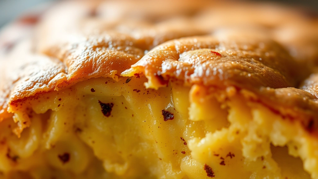 detail: close-up cross-section of baked Indian pudding showing creamy custard texture with spice flecks, golden-brown top crust, warm ambient lighting, macro photography