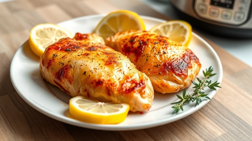 hero: perfectly cooked golden-brown Instant Pot chicken breasts on a white ceramic plate with fresh lemon slices and herbs, photorealistic, natural window light, no text