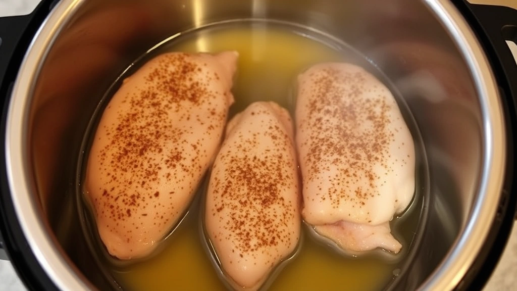 process: searing seasoned chicken breasts in hot oil inside an Instant Pot, steam rising, photorealistic, warm kitchen lighting, no text
