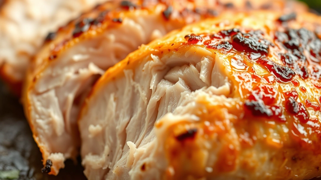 detail: close-up of sliced chicken breast showing juicy, tender interior with golden seared exterior, photorealistic, bright natural light, no text