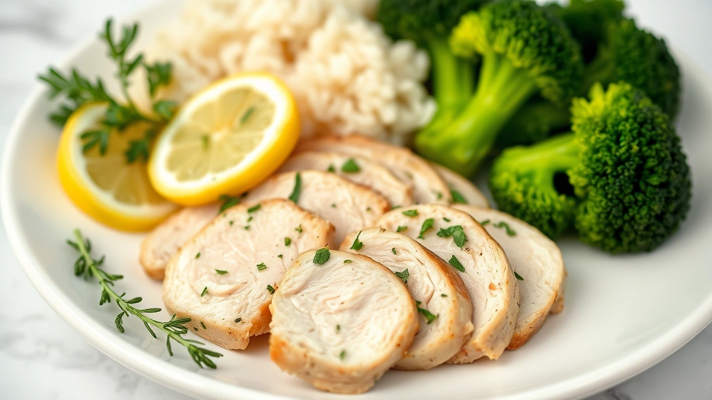 hero: Tender sliced instant pot chicken breast on white plate with fresh herbs and lemon wedges, served alongside steamed broccoli and rice, photorealistic, natural window light, no text, professional food photography