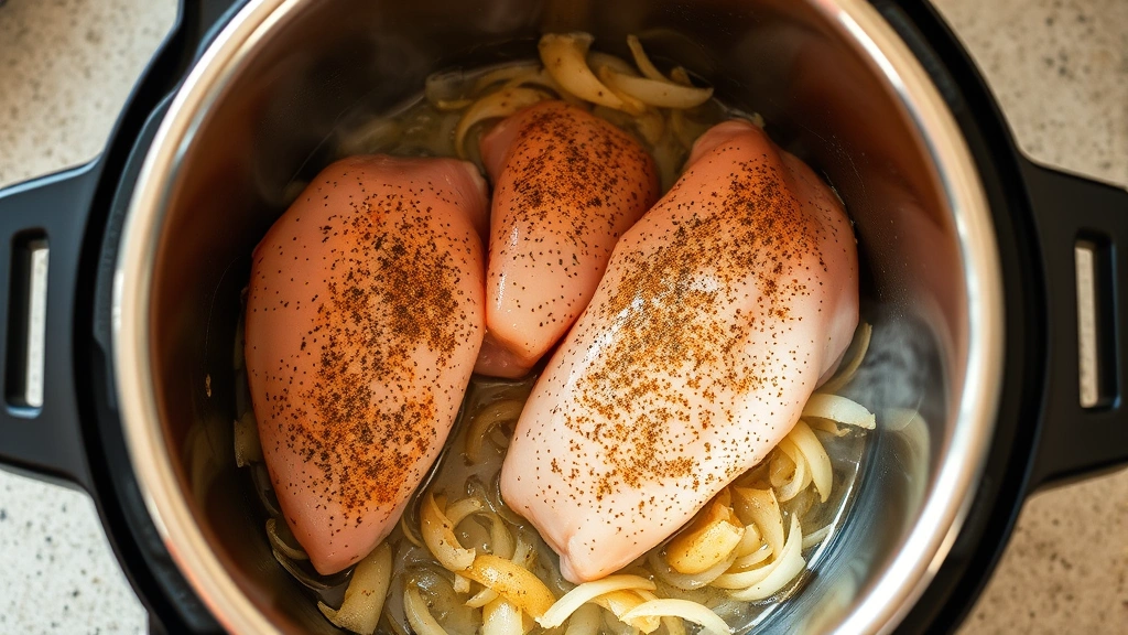 process: Seasoned raw chicken breasts being seared in instant pot with sautéed onions and garlic, steam rising, stainless steel pot visible, photorealistic, warm kitchen lighting, no text