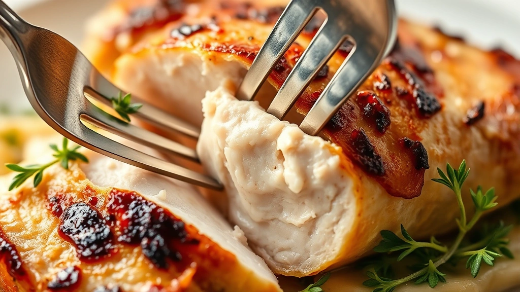 detail: Close-up of perfectly cooked sliced chicken breast showing tender juicy interior, fork breaking through meat, fresh thyme garnish, photorealistic, bright natural light, shallow depth of field, no text