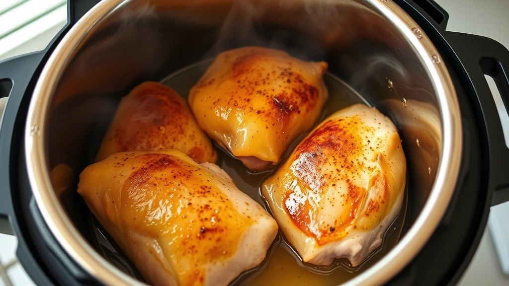 process: chicken thighs sautéing in Instant Pot with visible steam and golden browning on skin, photorealistic, bright kitchen lighting, no text