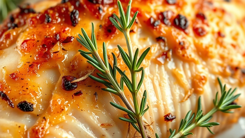 detail: close-up of perfectly crispy chicken thigh skin with fresh rosemary and thyme sprigs, photorealistic, natural light, no text