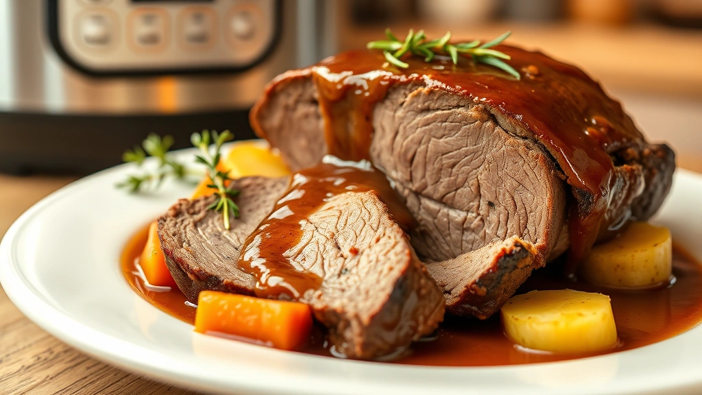 hero: perfectly sliced Instant Pot chuck roast with carrots and potatoes on white plate, rich brown gravy coating meat, fresh thyme garnish, warm kitchen lighting, shallow depth of field