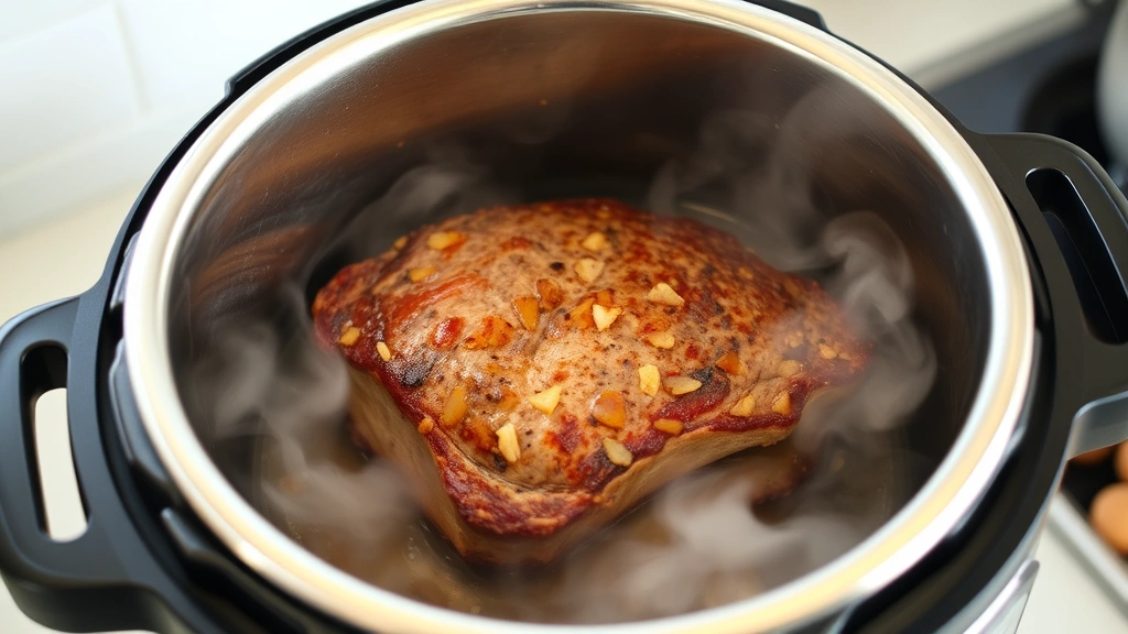 process: searing chuck roast in Instant Pot with visible caramelization and browning, steam rising, stainless steel pot, professional kitchen lighting