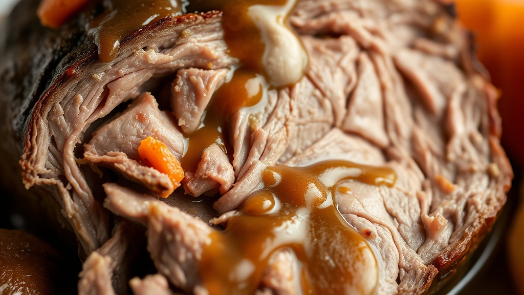 detail: close-up cross-section of cooked chuck roast showing tender, fall-apart texture, gravy glistening, carrot and potato visible, macro photography, natural light
