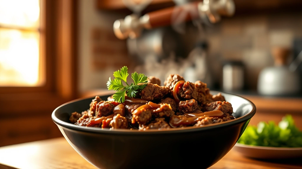 hero: steaming bowl of instant pot ground beef with rich brown sauce, fresh parsley garnish, warm natural light streaming from window, shallow depth of field, cozy kitchen setting