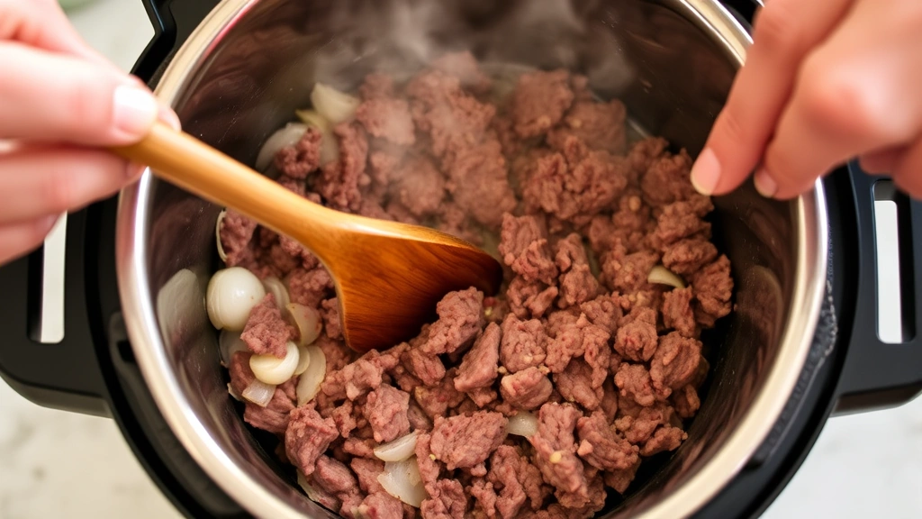 process: hands stirring ground beef in instant pot with wooden spoon, onions and garlic visible, sauté mode active, steam visible, natural kitchen lighting, action shot