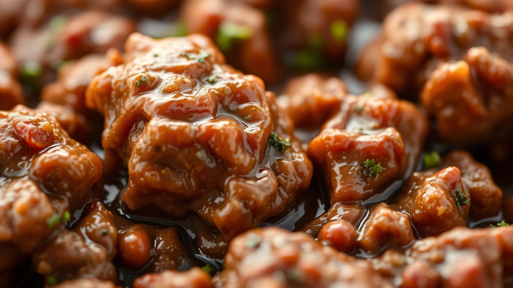 detail: close-up macro shot of tender ground beef pieces coated in glossy sauce with visible herbs and spices, shallow depth of field, warm natural light, professional food photography
