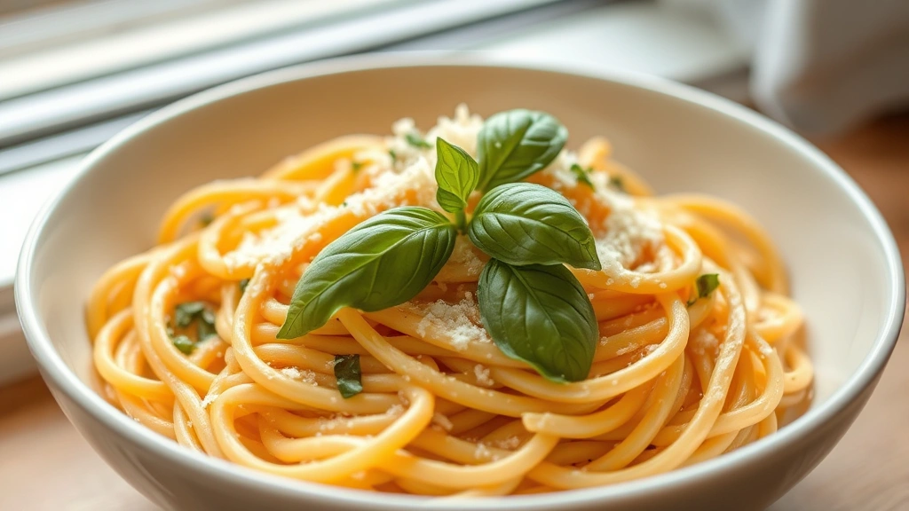 hero: creamy pasta dish in white bowl, garnished with fresh basil and Parmesan cheese, soft natural window light, no text, close-up shot