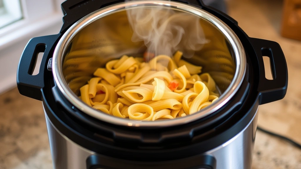 process: Instant Pot with pasta being stirred during sauté phase, steam rising, ingredients visible, warm kitchen lighting, no text