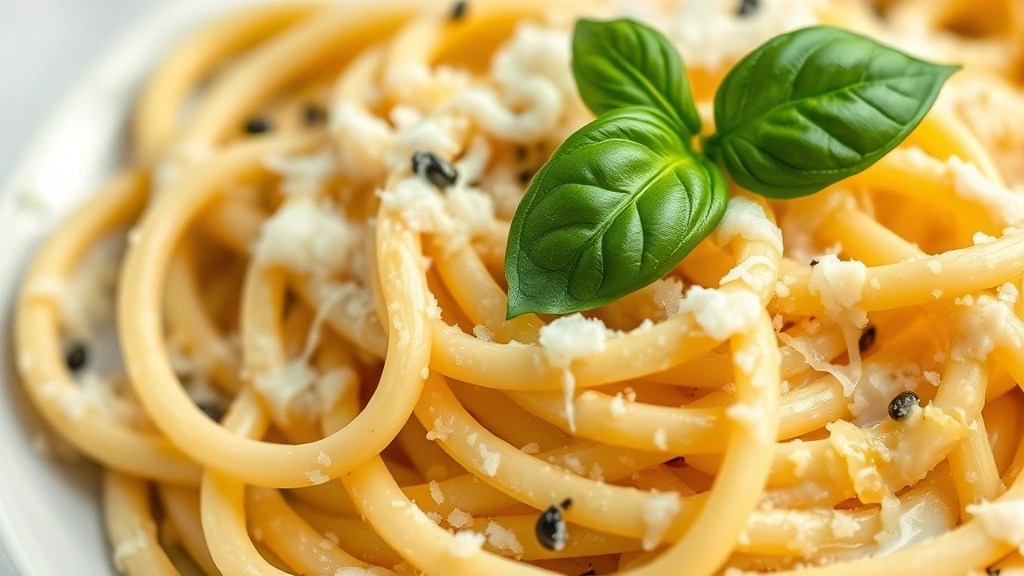 detail: close-up of creamy pasta with melted Parmesan cheese and fresh basil garnish, shallow depth of field, natural lighting, no text