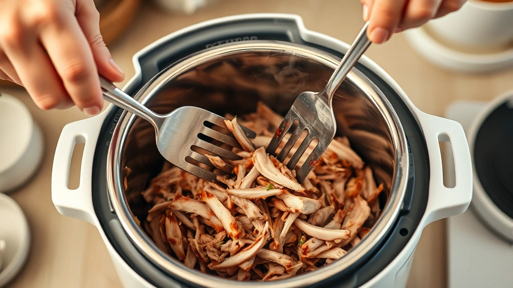process: hands using two forks to shred steaming pork in white Instant Pot, photorealistic, warm kitchen lighting, no text