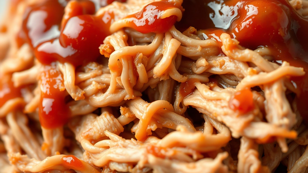 detail: close-up of tender, juicy pulled pork texture with glossy sauce coating, photorealistic, macro photography, natural light, no text