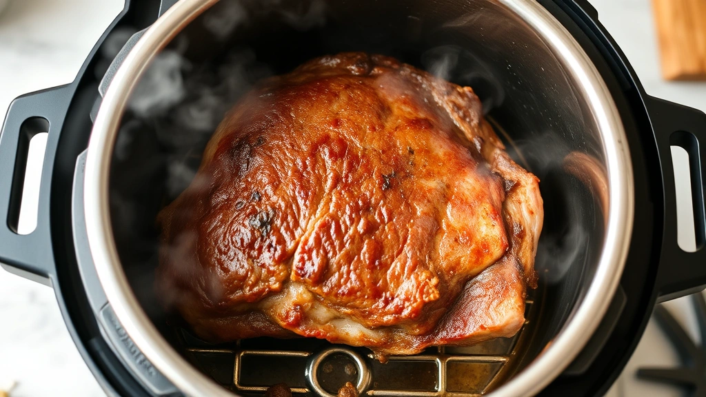 process: beef chuck roast searing in instant pot with golden brown crust, steam rising, photorealistic, bright kitchen lighting, no text