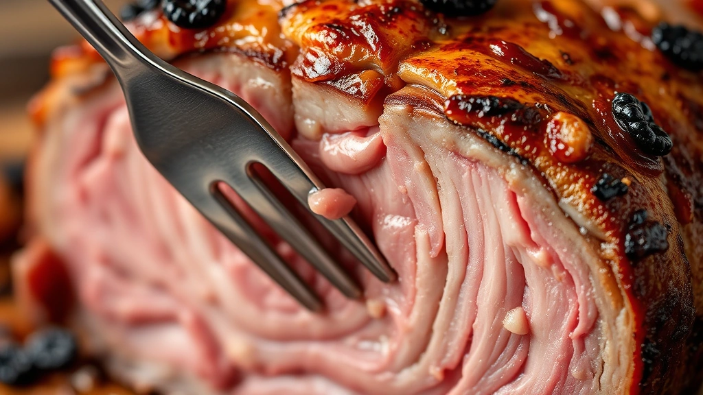 detail: close-up cross section of cooked roast showing tender pink center and charred exterior, fork pulling meat apart, photorealistic, macro photography, no text