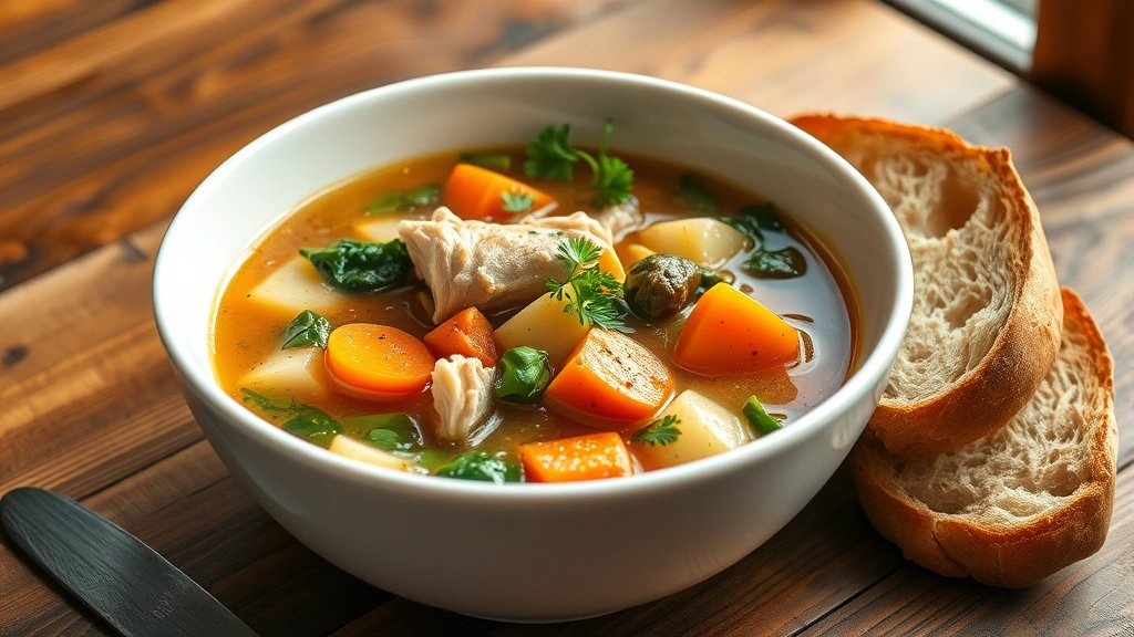 hero: steaming bowl of chicken vegetable soup with carrots potatoes spinach in rich broth, crusty bread on the side, fresh parsley garnish, warm natural window light, white bowl on rustic wooden table, no text or watermarks