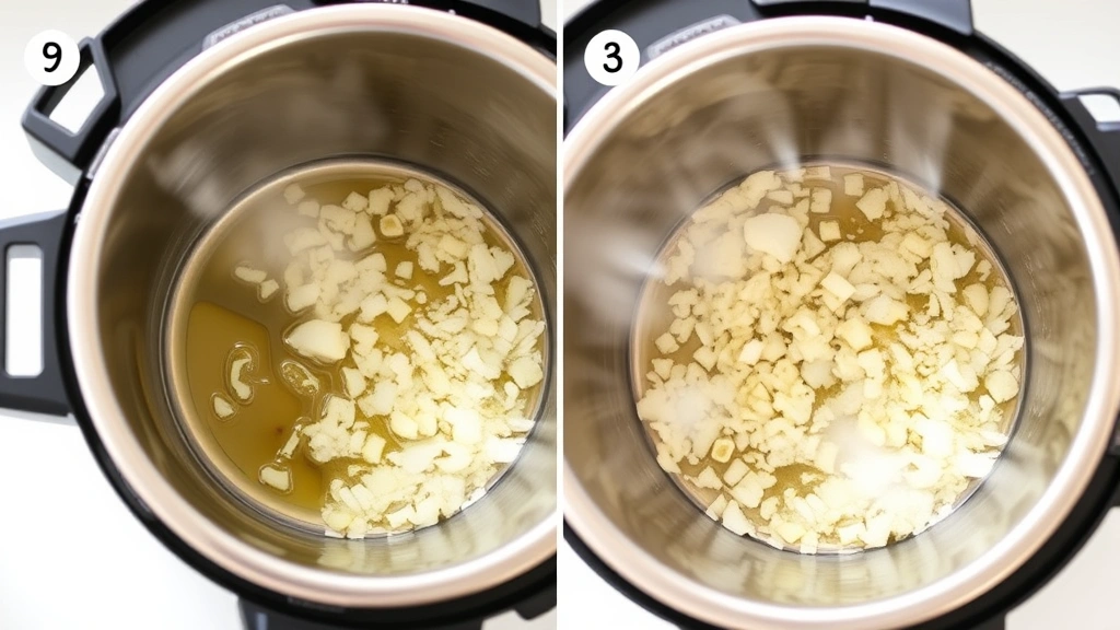 process: Instant Pot sautéing diced onions and garlic in olive oil, steam rising, stainless steel pot with vegetables visible, bright natural kitchen lighting, no text or watermarks