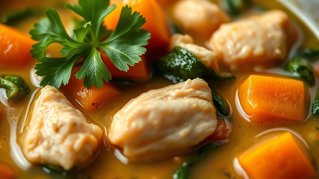 detail: close-up macro of soup with tender chicken pieces, vibrant orange carrots, green spinach, golden broth, fresh parsley on top, shallow depth of field, warm natural light, no text or watermarks