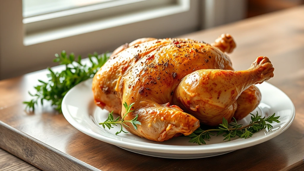 hero: golden-brown whole roasted chicken on white plate with fresh herbs garnish, photorealistic, natural daylight from window, no text, professional food photography