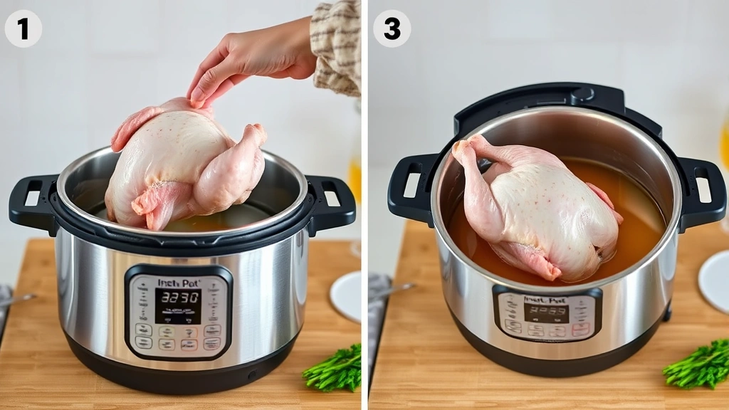 process: chicken being placed on trivet inside instant pot with broth visible, photorealistic, natural kitchen lighting, no text, step-by-step preparation