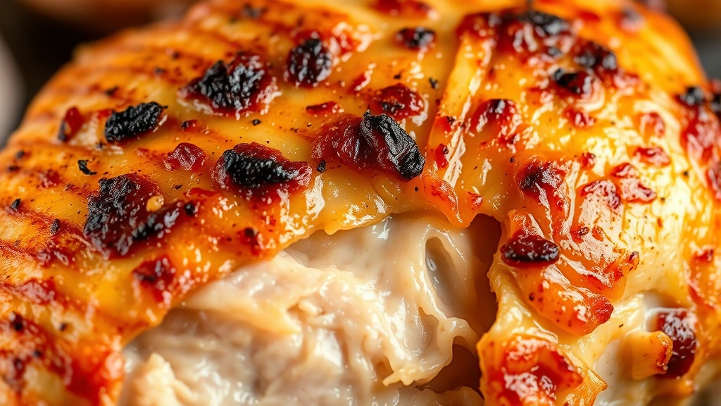 detail: close-up of perfectly cooked chicken thigh showing juicy meat and crispy golden skin, photorealistic, macro photography with natural light, no text