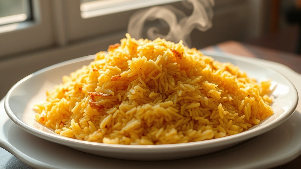 hero: golden Persian rice on white plate with crispy tahdig visible, warm steam rising, natural window light, top-down angle, no text
