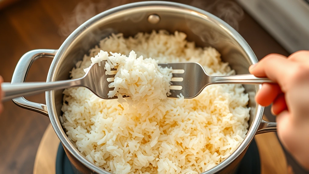 process: hand fluffing fluffy rice with fork in pot, golden tahdig crust visible at bottom, steam rising, warm natural light, no text