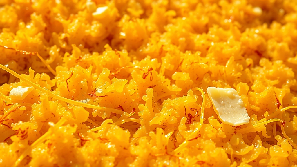 detail: close-up of crispy golden tahdig texture with saffron threads, flakes of butter, sharp focus, warm sunlight, no text