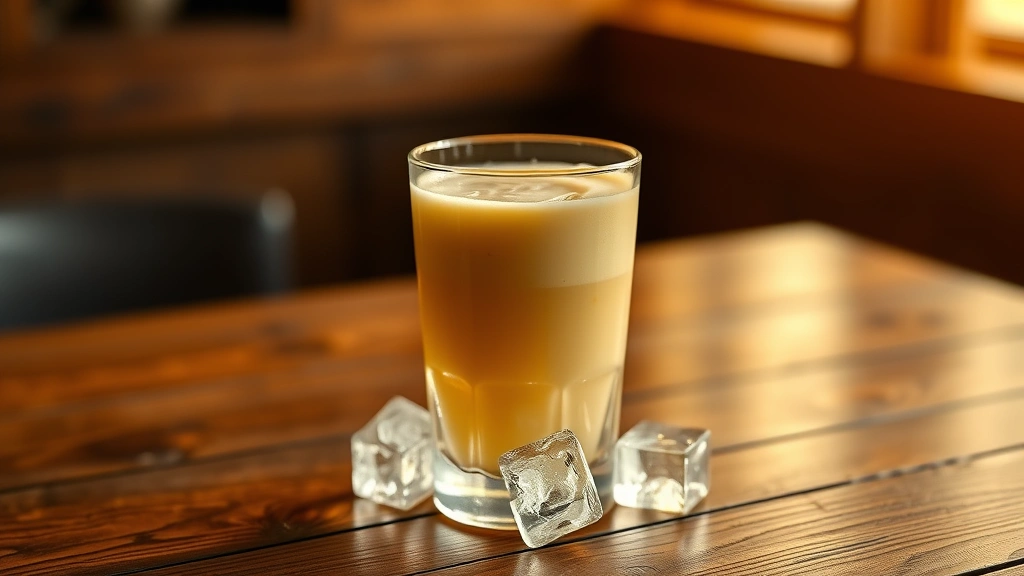hero: glass of Irish cream liqueur over ice, creamy tan color, golden hour lighting, wooden table background, photorealistic, natural light, no text
