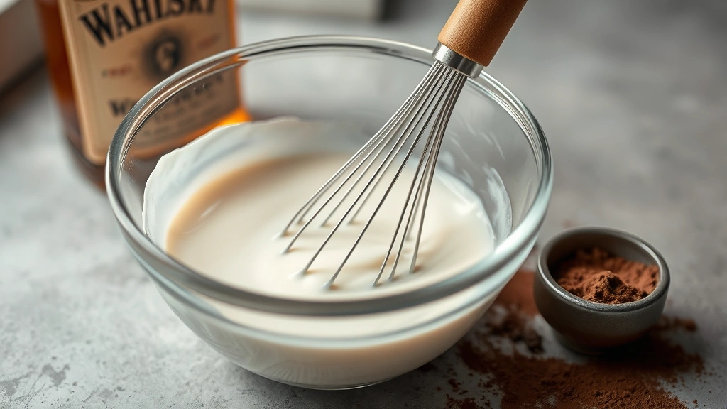 process: whisking cream in glass bowl with whiskey bottle nearby, coffee powder and cocoa visible, photorealistic, natural light, no text