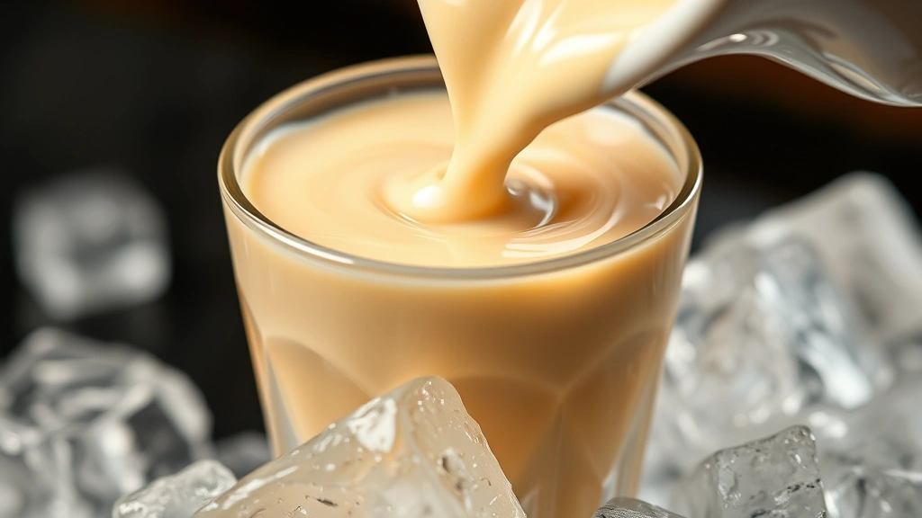 detail: close-up of creamy Irish cream poured over ice, showing rich color and smooth texture, photorealistic, natural light, no text
