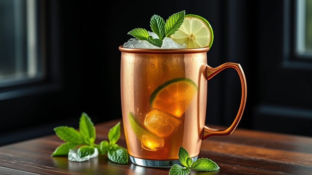 hero: Irish Mule cocktail in copper mug with ice, fresh lime wheel, mint sprig, vibrant and refreshing, photorealistic, natural window light, dark background, no text