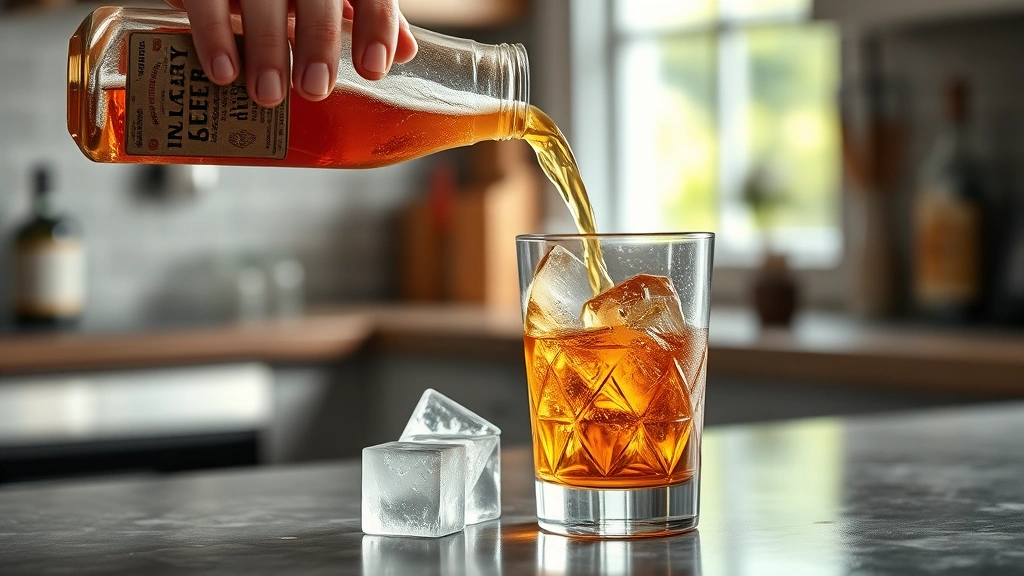 process: pouring ginger beer over ice and whiskey in glass, action shot, photorealistic, natural kitchen light, no text