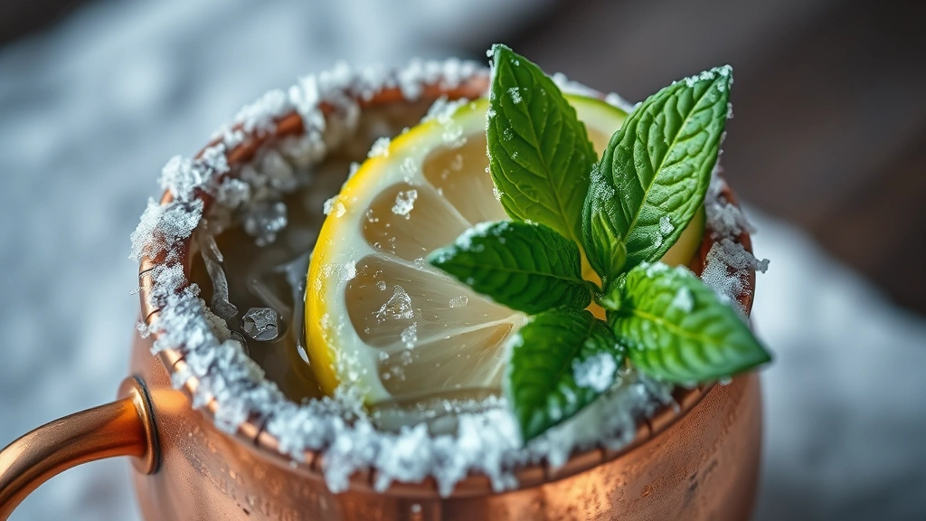 detail: close-up of frost on copper mug with lime wheel and mint garnish, photorealistic, natural light, shallow depth of field, no text