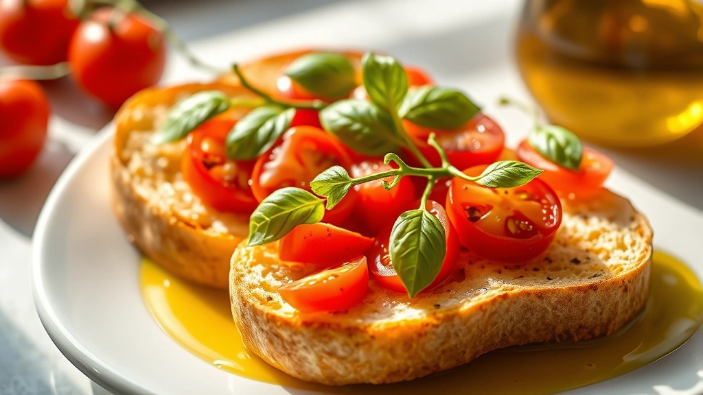 hero: golden toasted baguette slices topped with fresh red tomatoes, green basil leaves, and glistening olive oil on white ceramic platter, photorealistic, natural daylight streaming from left, shallow depth of field, no text