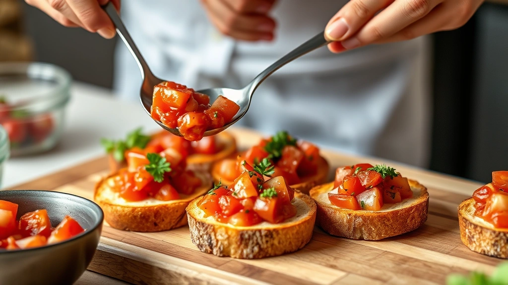 process: hands assembling bruschetta with slotted spoon adding tomato mixture to warm toasted bread, close action shot, photorealistic, natural kitchen light, no text