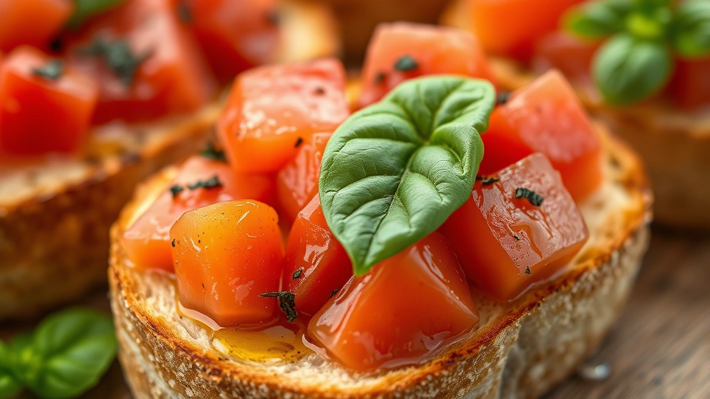 detail: extreme close-up of single bruschetta piece showing texture of crispy toast, glossy diced tomatoes, vibrant basil leaf garnish and oil droplets, photorealistic, macro photography with natural light, no text